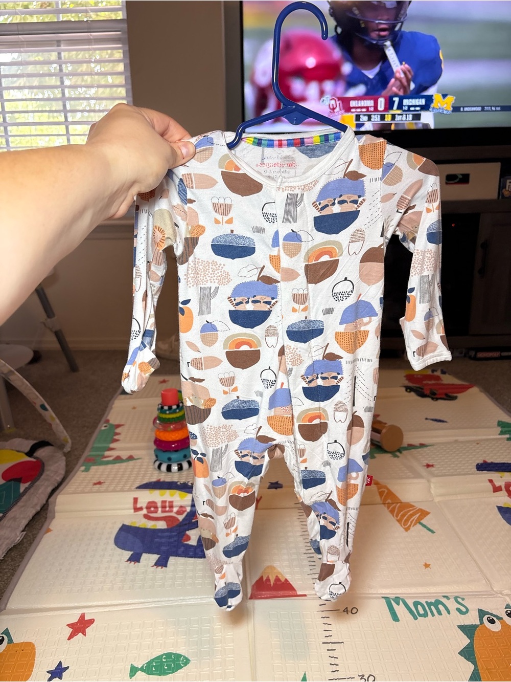 Magnetic Me Neutral Patterned Footed One-Piece - White, Blue, Brown, Tan